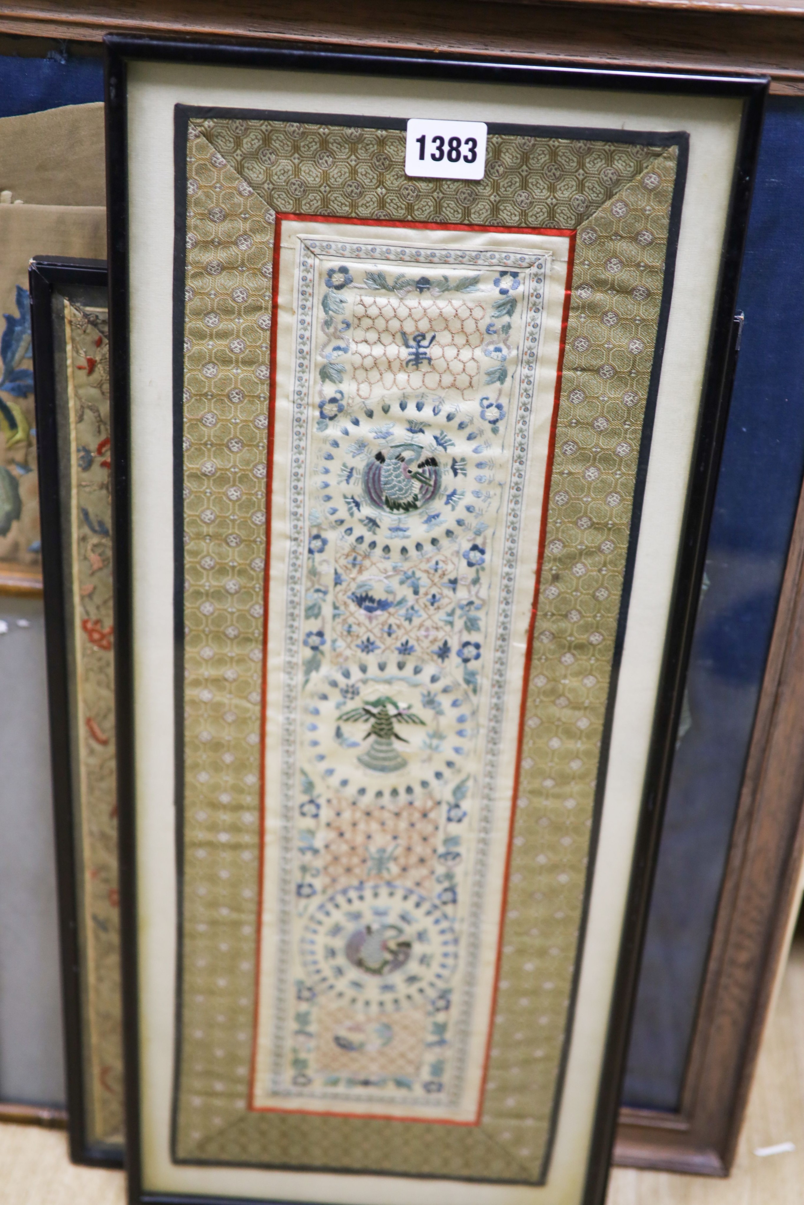 Assorted framed and glazed Chinese embroideries, late Qing to Republic